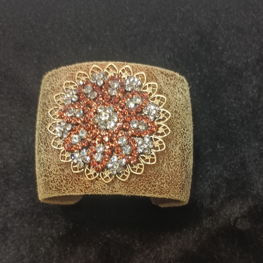 Dazzling Gold Leather And Crystals Cuff Bracelet